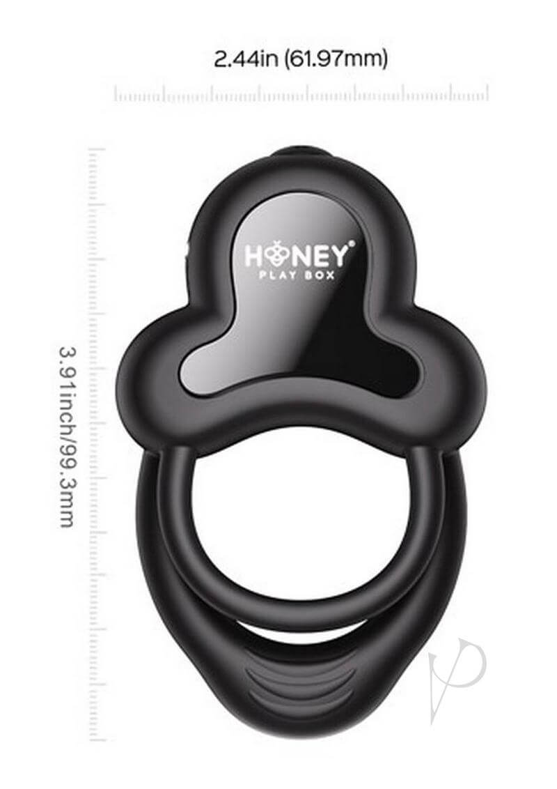 Honey Play Box Anello App Control Cock Ring Black with measurement details and dual-ring design.