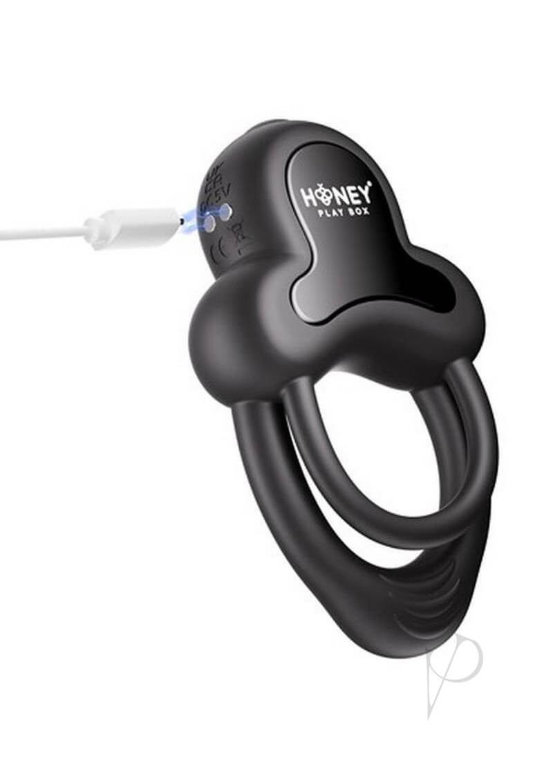 Honey Play Box Anello App Control Cock Ring Black with charging cable for enhanced intimate pleasure.
