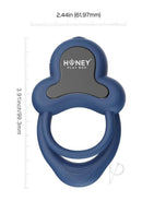 Anello Vibrating Double Cock Ring Blue by Honey Play Box with measurements, showcasing its design and dual-ring feature.