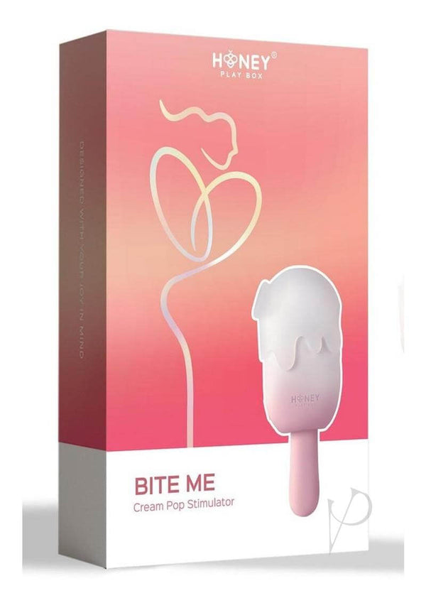 Bite Me Cream Pop Stimulator By Honey Play Box packaging design with playful popsicle illustration.
