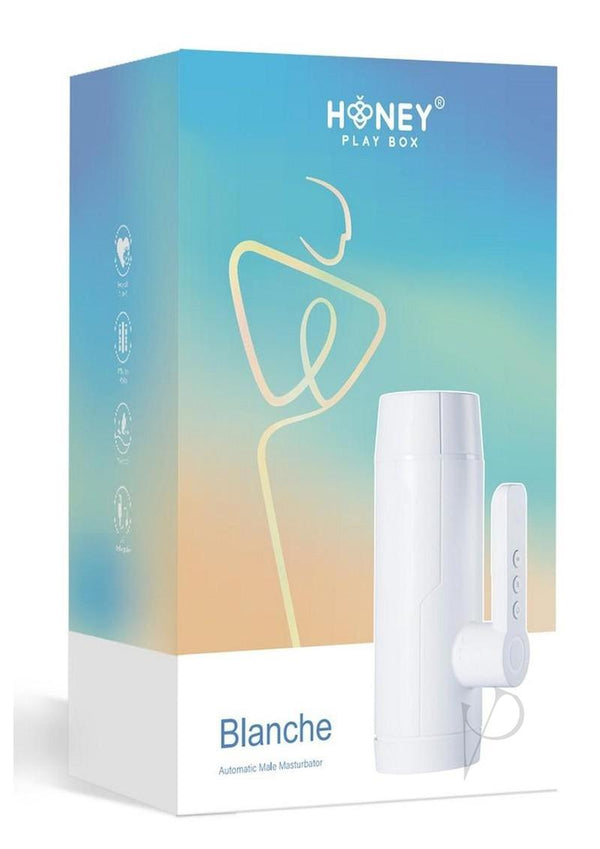 Blanche Automatic Male Blowjob Masturbator by Honey Play Box packaging showcasing the product design and ergonomic handle.