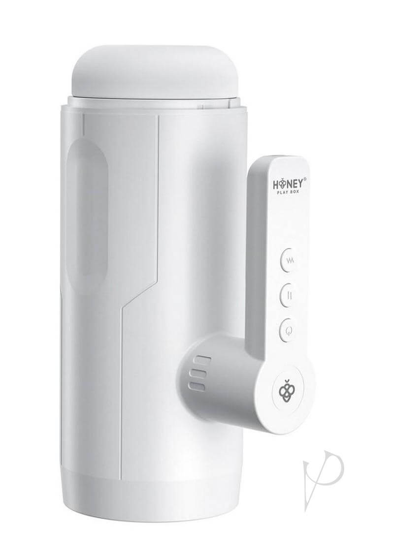 Blanche Automatic Male Blowjob Masturbator by Honey Play Box shown in white with ergonomic handle and control panel.
