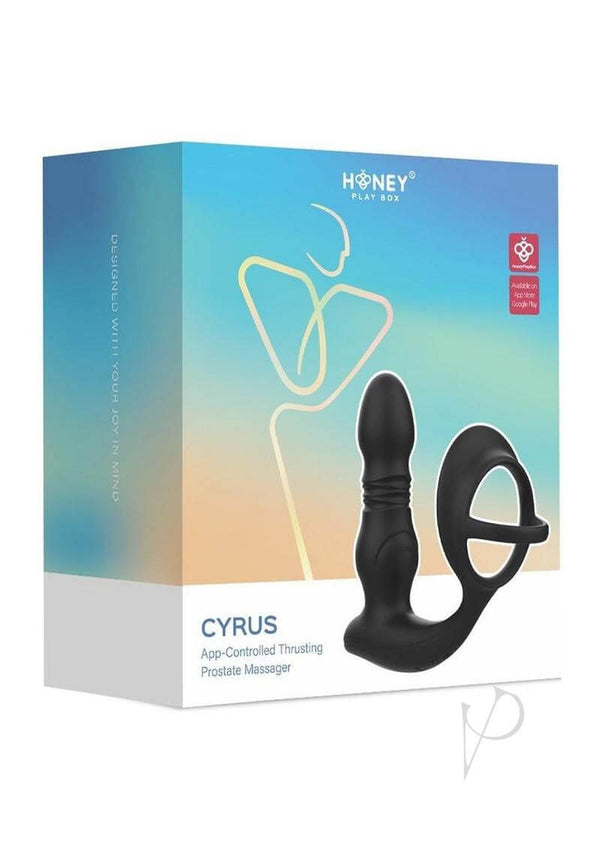 Cyrus App Controlled Thrusting Prostate Massager Black packaging featuring innovative design and features.