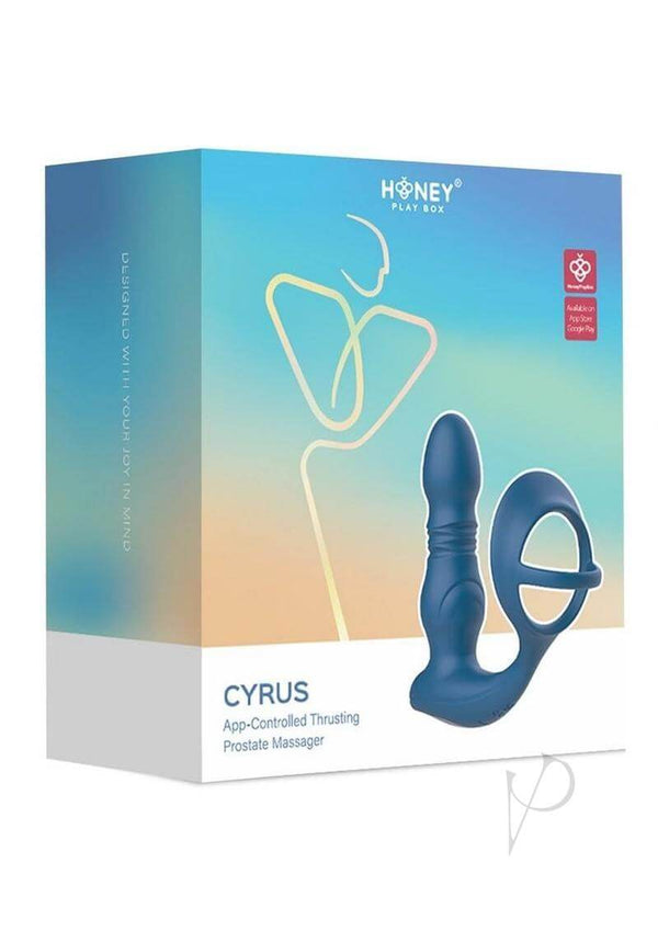 Cyrus App Controlled Thrusting Prostate Massager Blue packaging featuring a sleek design and smart toy features.