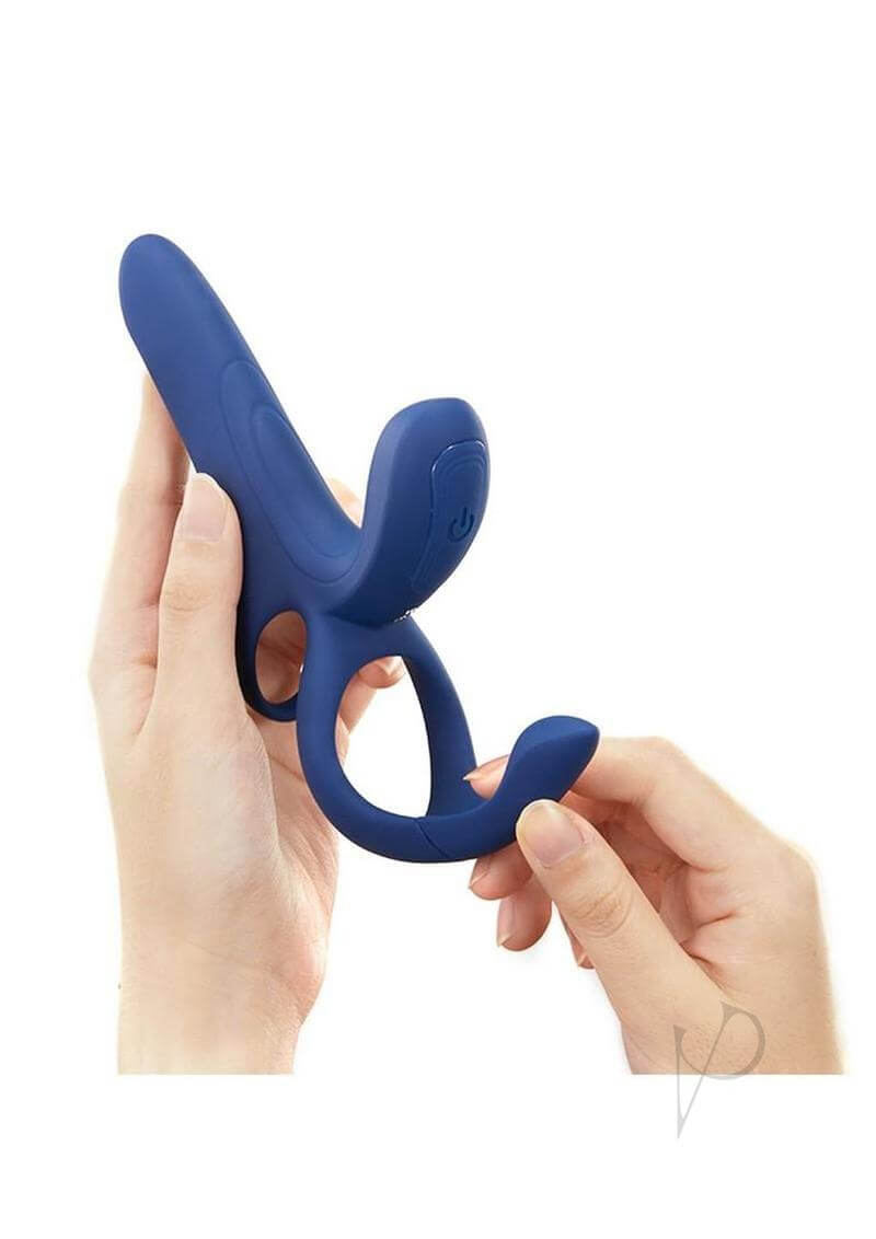 Pleasure Pivot App Controlled Couples Vibrator Blue held in hand showcasing its design and versatility.