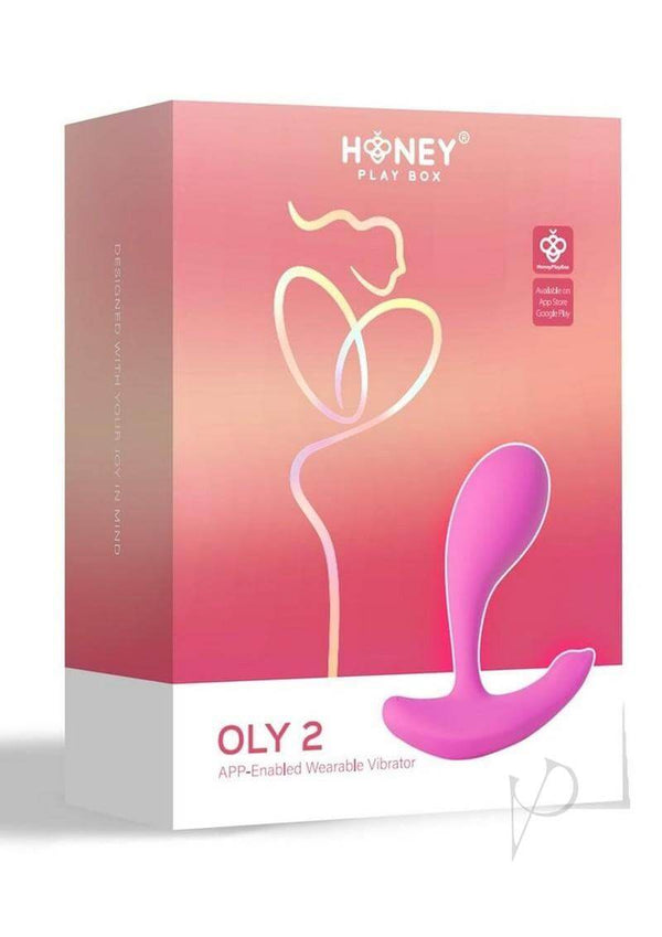 Oly 2 App Enabled Wearable Vibrator Pink by Honey Play Box packaging with vibrant pink design and product illustration.
