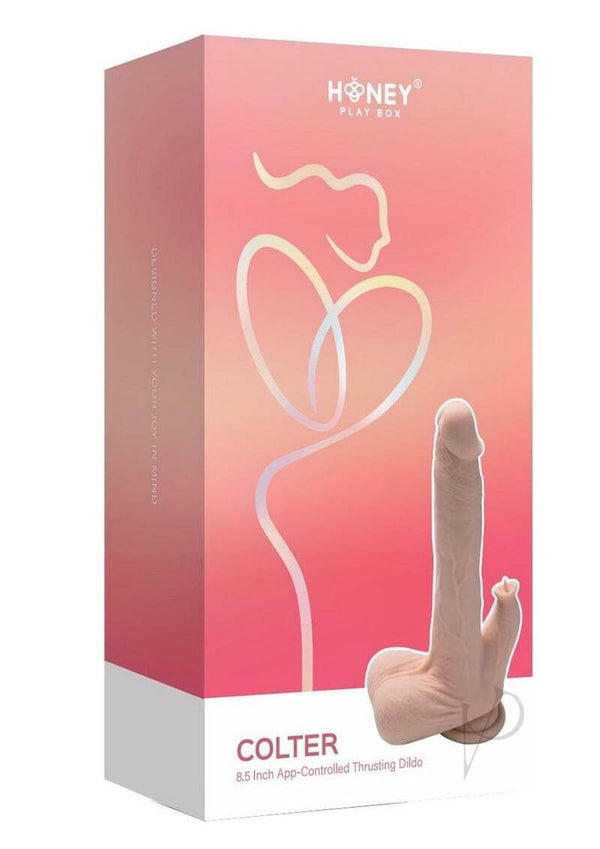 Colter 8.5 inches App Controlled Thrusting Dildo Tan packaging displayed against a colorful background.