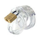 CB-X Mini Me 1.25 Inch Male Chastity Cage Clear secured with a lock, showcasing its compact design.