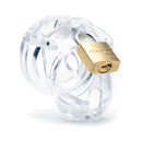 CB-X Mini Me 1.25 Inch Male Chastity Cage Clear with brass padlock on a white background.