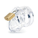 CB-X Mini Me 1.25 Inch Male Chastity Cage Clear with a padlock, showcasing its compact and discreet design.