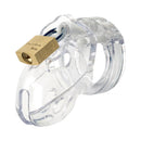 CB-X Mr Stubb Clear Male Chastity Cage featuring a clear design and secure padlock for confident restraint.