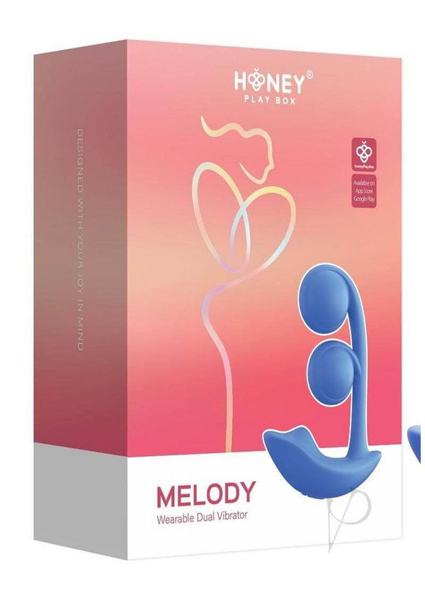 Melody Weareable Dual Vibrator Blue by Honey Play Box packaging featuring sleek design and vibrant colors.