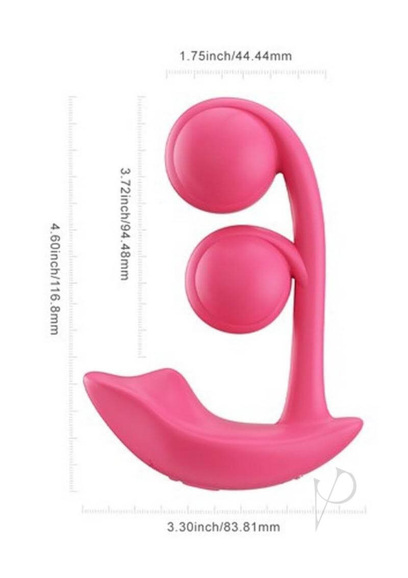 Melody Wearable Dual Vibrator by Honey Play Box displayed with measurements in pink color.