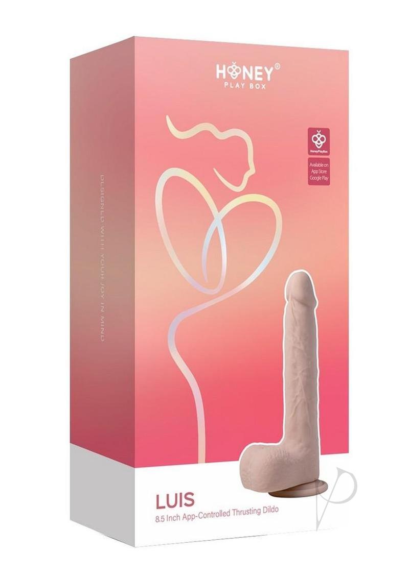 Luis App Controlled Thrusting Dildo 8.5 inches Tan packaging with a lifelike design and suction cup base.