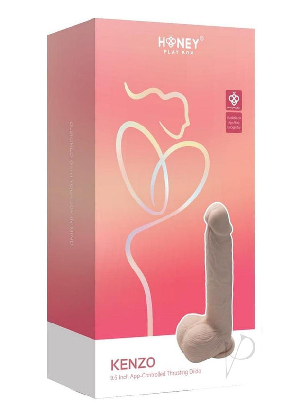 Kenzo 9.5 inches App Controlled Thrusting Dildo Caramel packaging with realistic design and app control features.