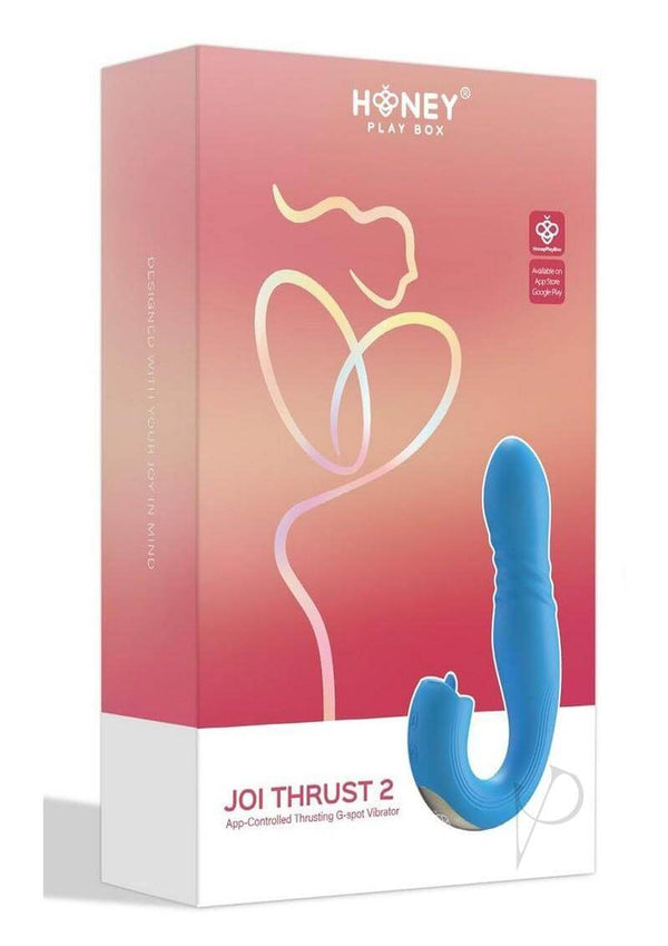 Joi Thrust 2 App Controlled Thrusting G Spot Vibrator Blue packaging design with vibrant colors.