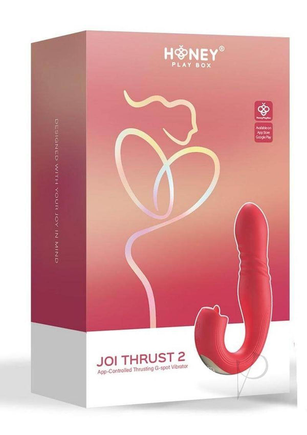 Joi Thrust 2 App Controlled Thrusting G Spot Vibrator Red packaging with sleek design and modern graphics.