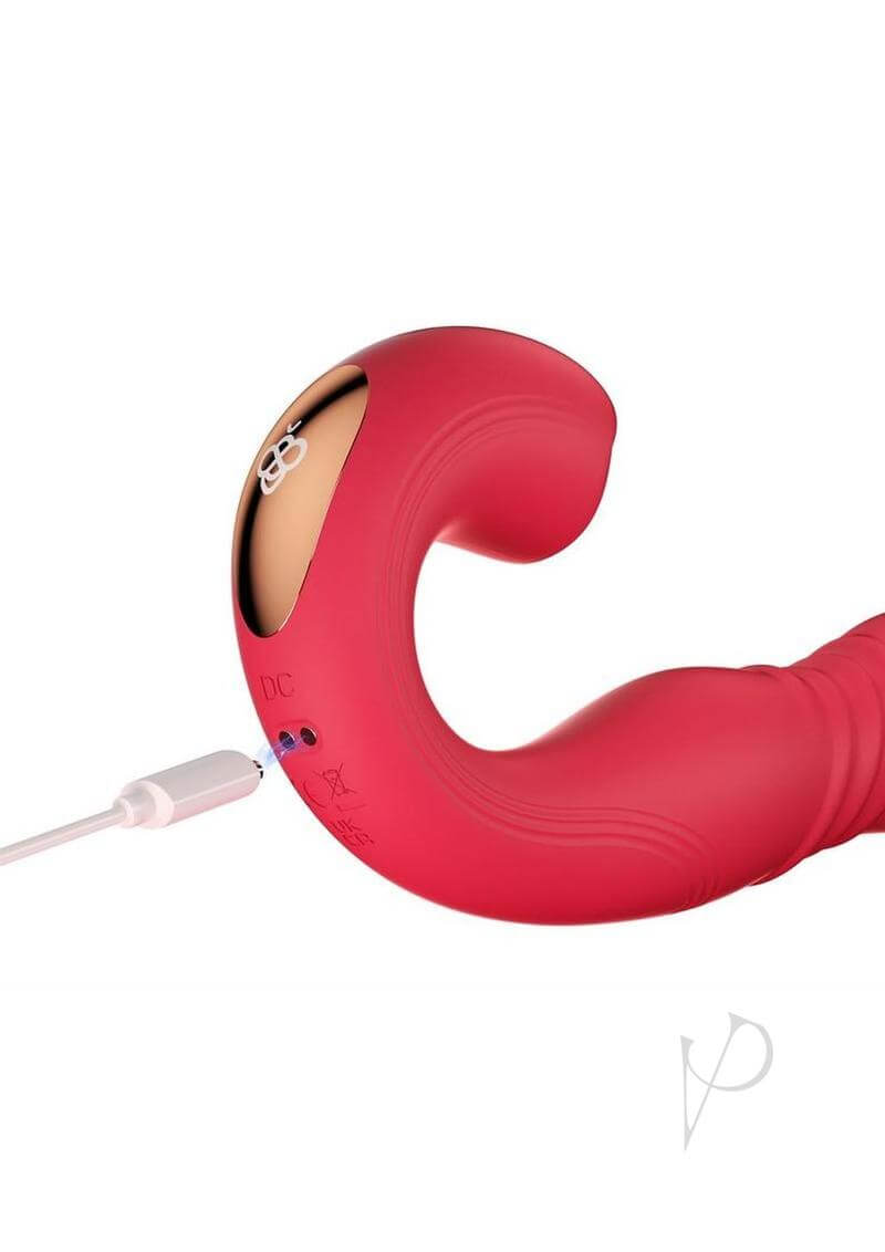 Joi Thrust 2 App Controlled Thrusting G Spot Vibrator Red, featuring a sleek design and charging port.