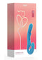Harmony Duo App Controlled Strapless Strap on Vibrator Blue packaging displaying the innovative design and color.
