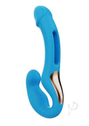 Harmony Duo App Controlled Strapless Strap on Vibrator Blue shown in a sleek design with ergonomic curves.