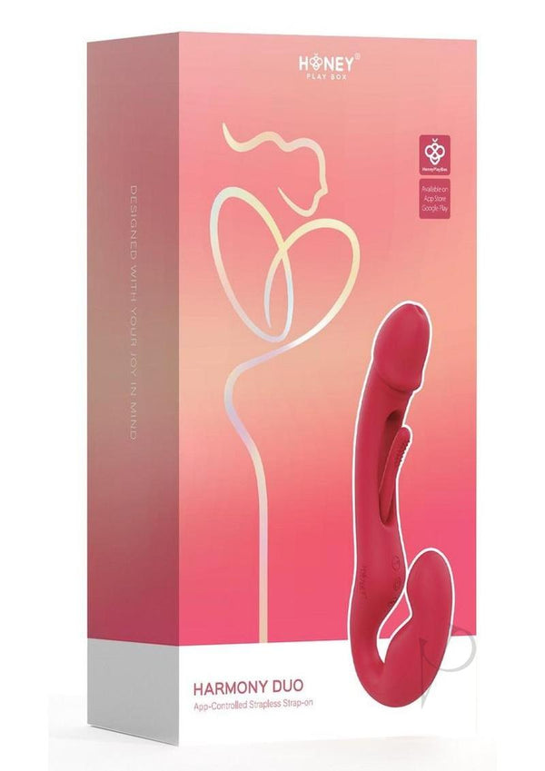 Harmony Duo App Controlled Strapless Strap on Vibrator packaging displayed with elegant design and modern colors.