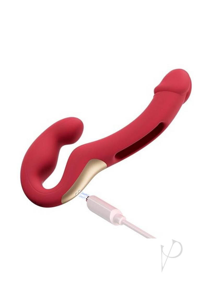 Harmony Duo App Controlled Strapless Strap on Vibrator in red with charging cable.