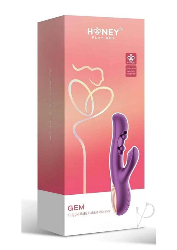 GEM G iggle Balls Rabbit Vibrator Purple by Honey Play Box packaging with a sleek design and vibrant colors.