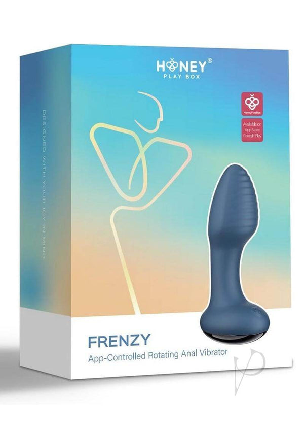 Frenzy App Controlled Rotating Anal Vibrator Blue in packaging by Honey Play Box.