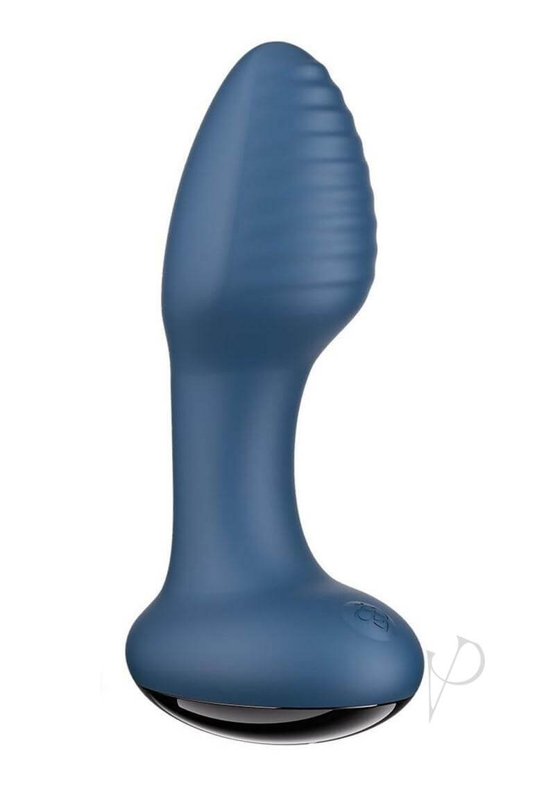 Frenzy App Controlled Rotating Anal Vibrator Blue on a white background, showcasing its sleek design and textured surface.
