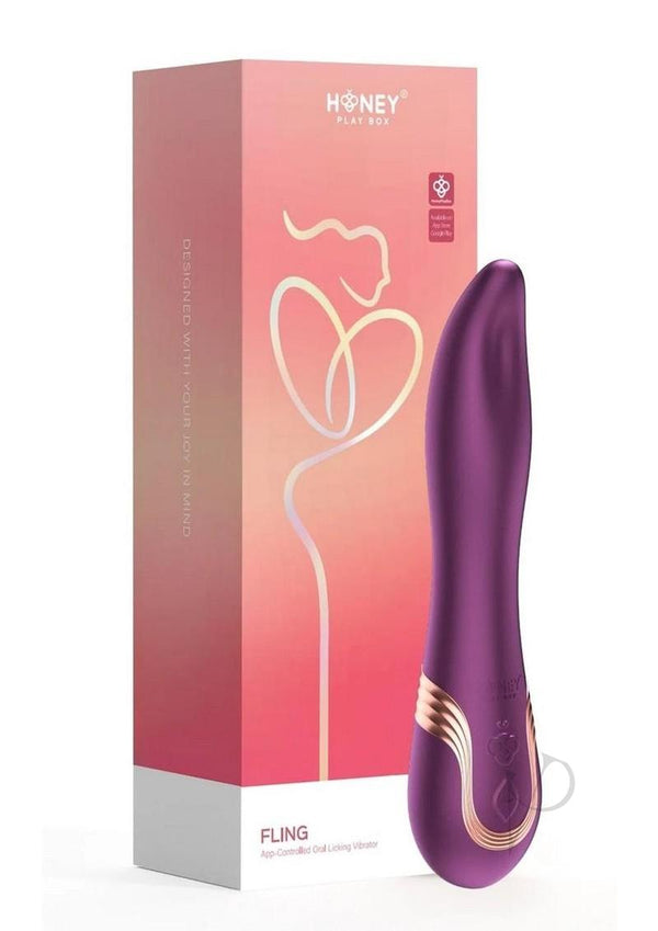 Fling App Controlled Oral Licking Vibrator by Honey Play Box with packaging featuring a contemporary design and sleek shape.