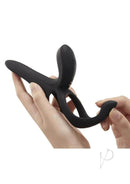 Pleasure Pivot App Controlled Couples Vibrator Black held in hand, showcasing its ergonomic design and features.