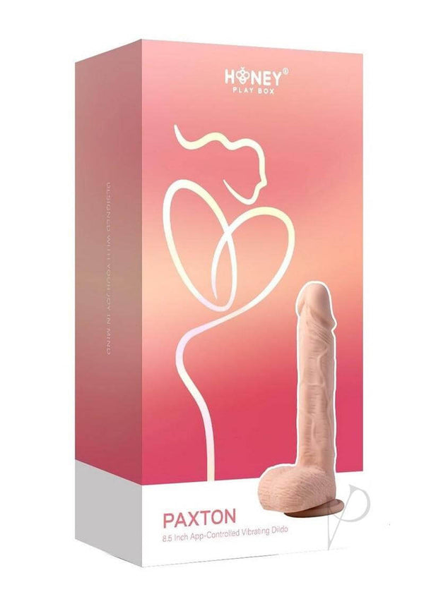 Paxton 8.5 inches App Controlled Vibrating Dildo Tan packaging displayed with product details.