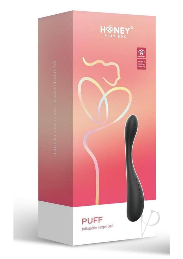 Puff Inflatable Kegel Ball Black by Honey Play Box packaging featuring a sleek design and colorful accents.
