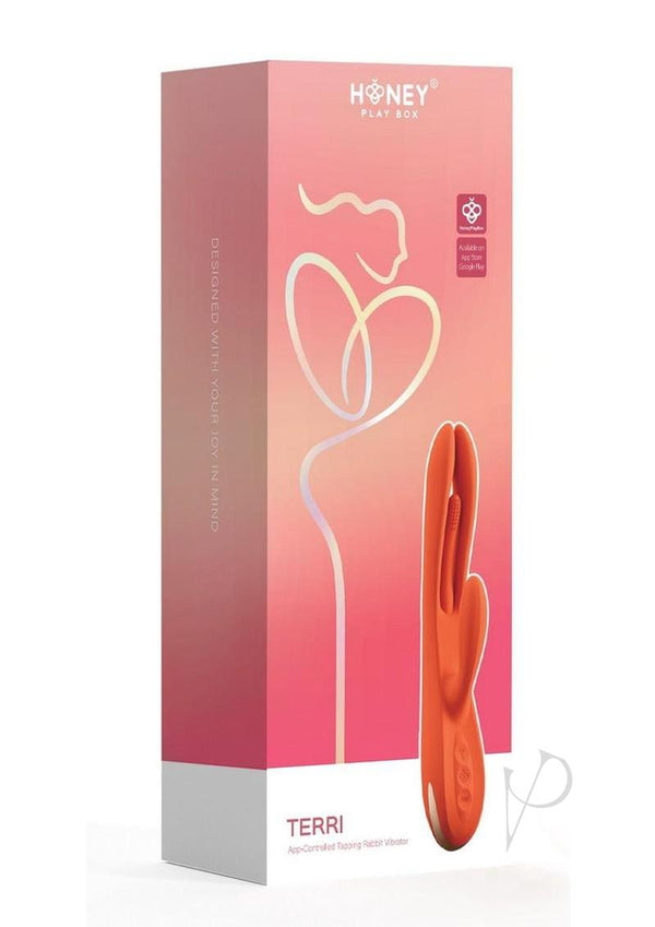 Terri App Controlled Tapping Rabbit Vibrator Orange packaging featuring a whimsical design.