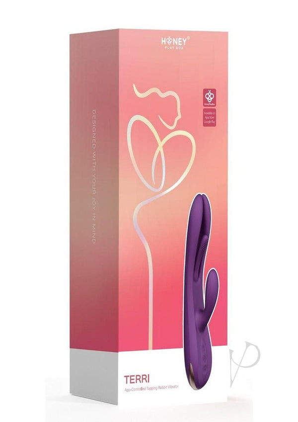 Terri App Controlled Tapping Rabbit Vibrator Purple packaging showcasing innovative design and unique features.
