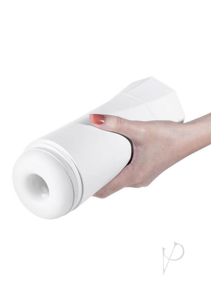 Hand holding the Sky Intense Suction Male Masturbator White by Honey Play Box showcasing its sleek design.