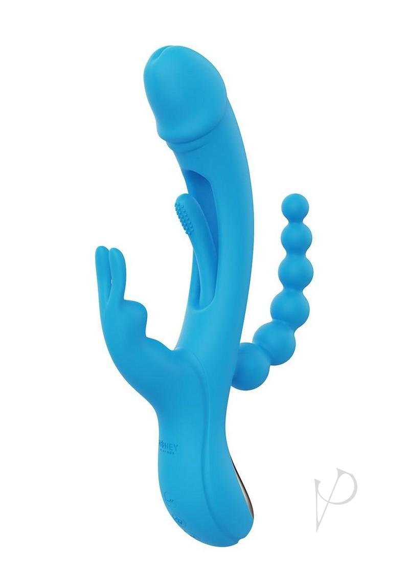 Trilux App Controlled Rabbit Vibrator Blue by Honey Play Box with multiple pleasure features for enhanced stimulation.