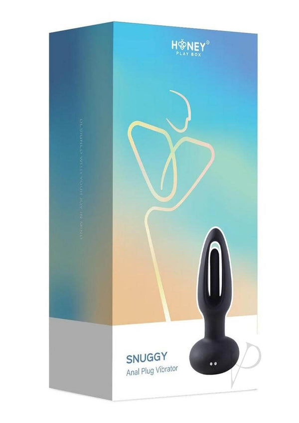Snuggy Tapping Anal Plug Vibrator Black by Honey Play Box packaging image showcasing its design and branding.