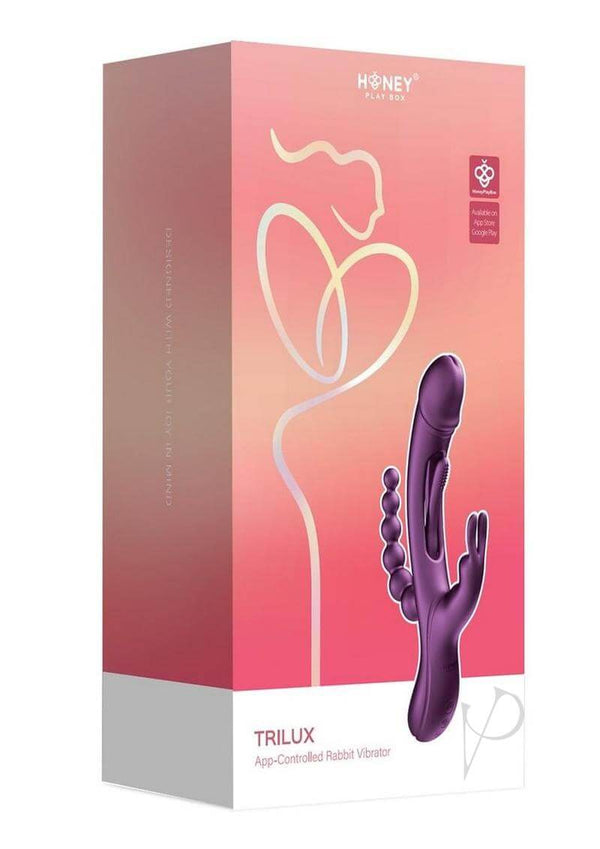 Trilux App Controlled Rabbit Vibrator Purple Honey Play Box packaging with a pink gradient design.