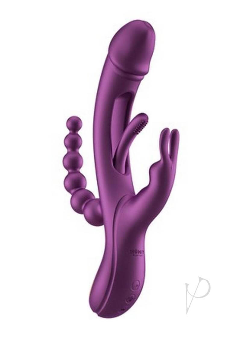 Trilux App Controlled Rabbit Vibrator Purple Honey Play Box featuring curved shaft and bunny ears.