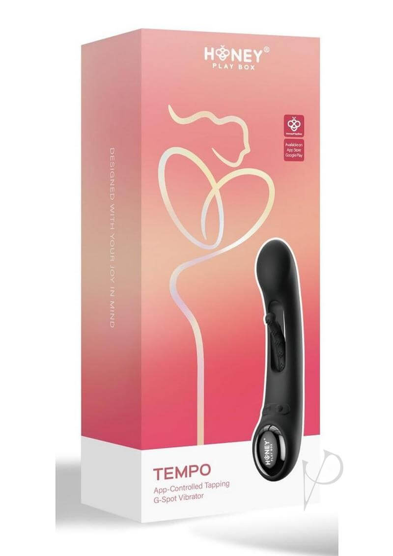 Tempo App Controlled Tapping G spot Vibrator Black product packaging with sleek design and logo.