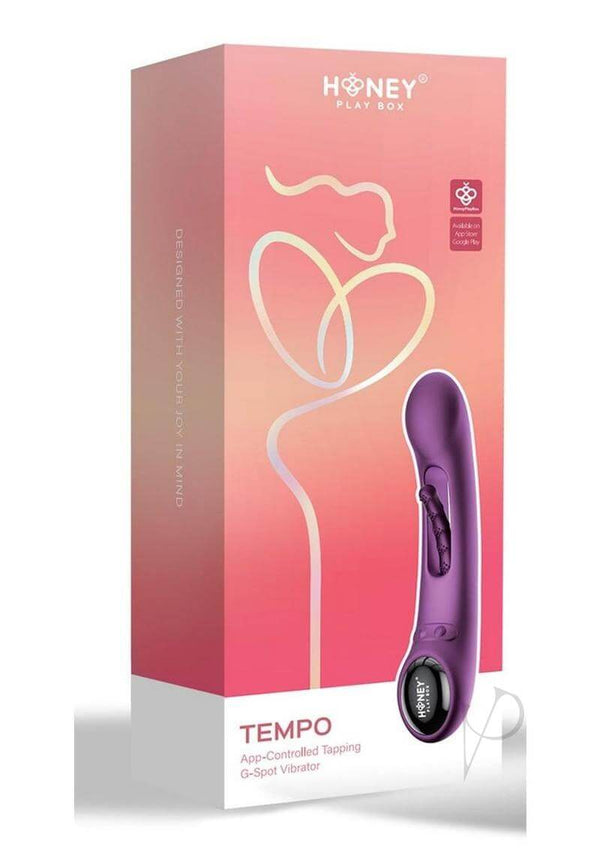 Tempo App Controlled Tapping G Spot Vibrator Honey Play Box packaging featuring ergonomic design and app connectivity.