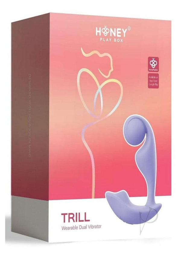 Trill Wearable Dual Vibrator Lavender by Honey Play Box packaging showcasing its unique design and features.