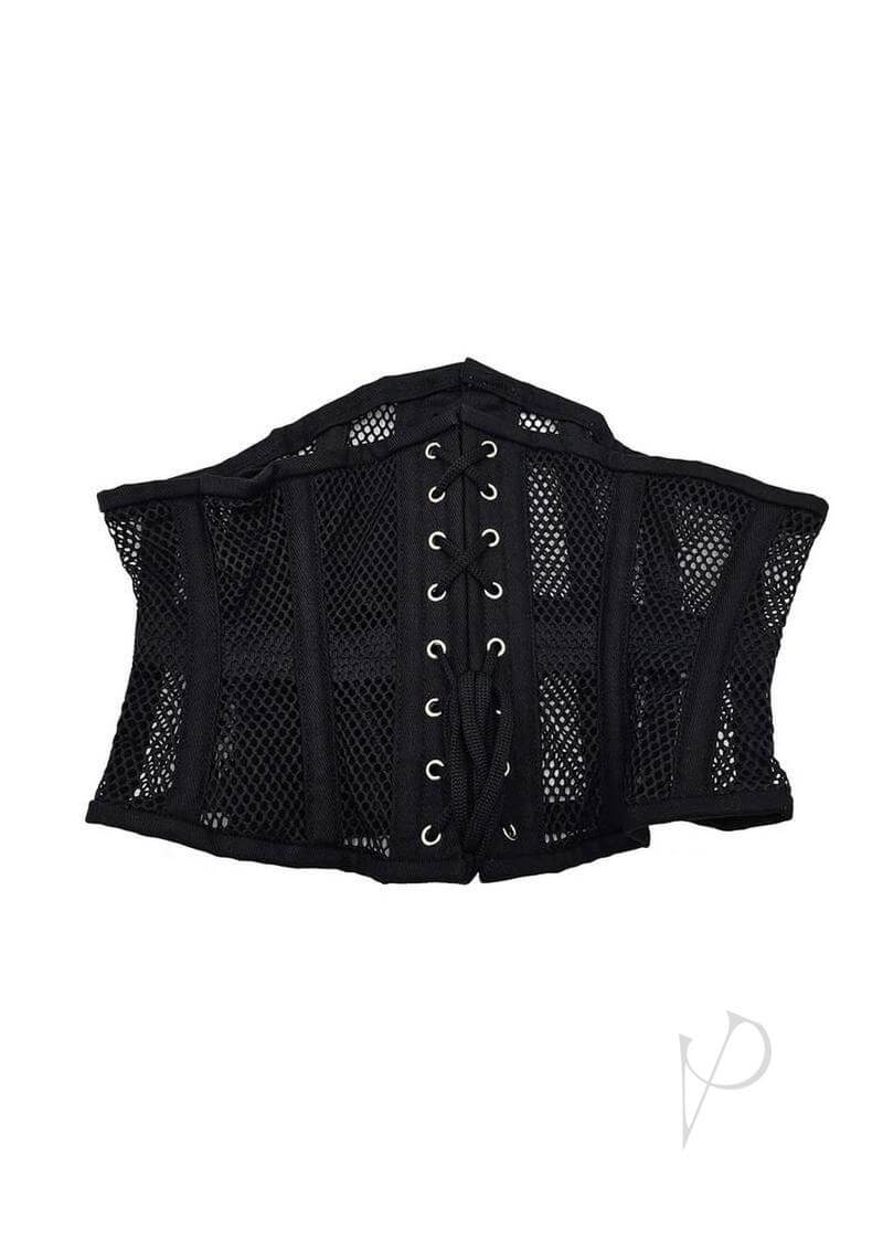 Rouge Mesh Corset Black Large XLarge view from above showcasing the intricate lace-up design and breathable mesh fabric.