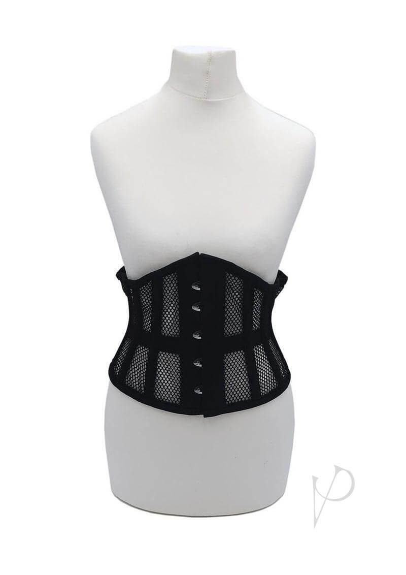 Rouge Mesh Corset Black Large XLarge displayed on a mannequin, showcasing its form-fitting design and mesh fabric.