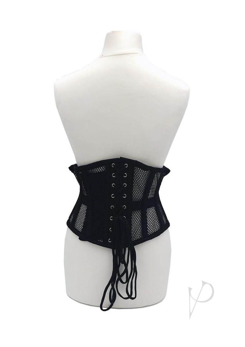 Back view of the Rouge Mesh Corset Black Large XLarge showcasing its laced design and flattering mesh fabric.