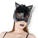 Coquette Wetlook Cat Mask With Lace Eyes And Ears Black showing glossy finish and lace details, perfect for costume parties.