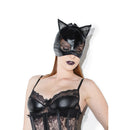 Coquette Wetlook Cat Mask With Lace Eyes And Ears Black worn by model, showcasing its sleek design and lace details.
