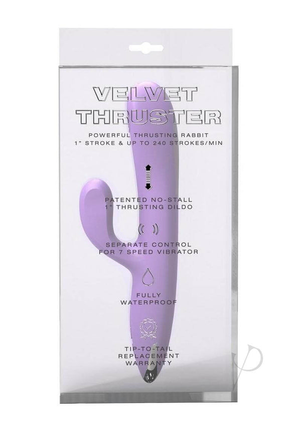 Velvet Thruster Powerful Thrusting Rabbit Vibrator Purple, showcasing its sleek design and features on the packaging.