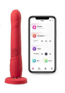 Lovense Gravity Remote App Thrusting Vibrator Red next to a smartphone displaying the control app.